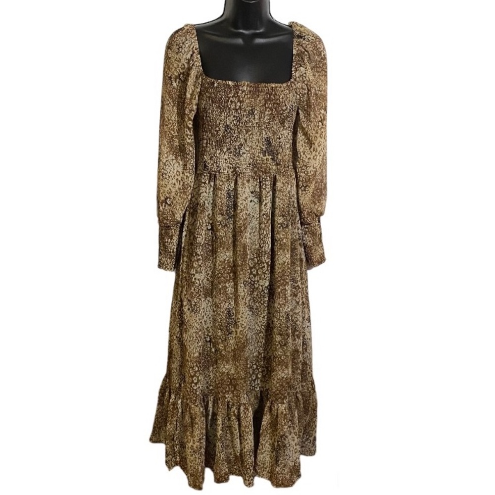 Betsey Johnson Midi Dress Animal Print Square Neck Tiered Long Sleeve Size Small